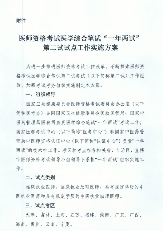 國家衛(wèi)健委關(guān)于在天津等12個(gè)考區(qū)開展“一年兩試”試點(diǎn)工作的通知！