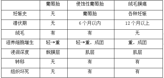 絨癌、侵蝕性葡萄胎、葡萄胎的鑒別