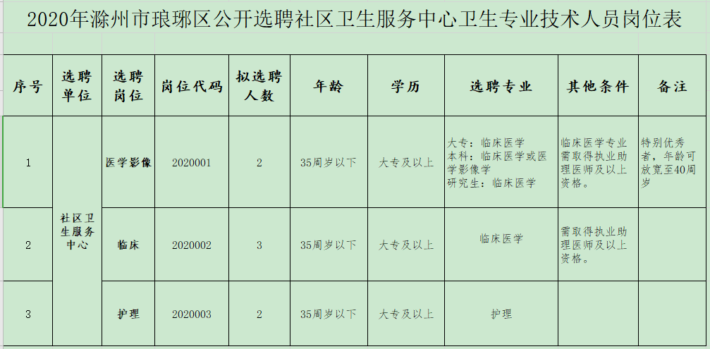 2020年1月份滁州市瑯琊區(qū)（安徽?。┕_招聘醫(yī)療崗崗位計(jì)劃表