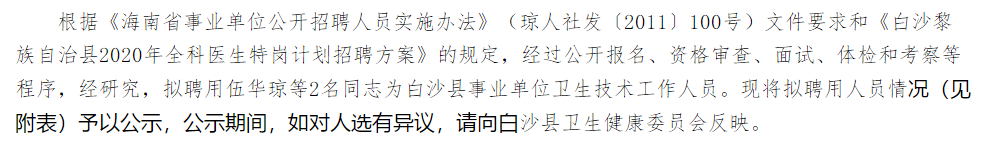 關于海南省白沙黎族自治縣2020年考核招聘醫(yī)療崗擬聘用人員名單的公示 （第8號）