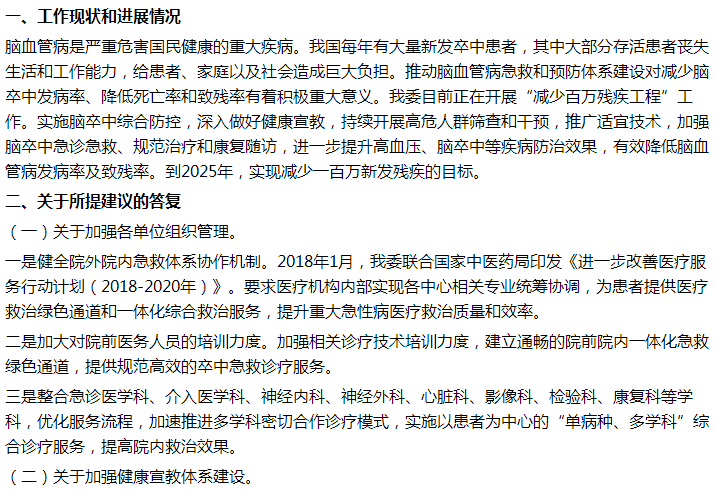 國家衛(wèi)健委關于加強腦卒中急救體系建設的建議答復！